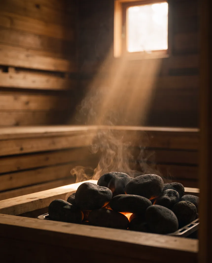 Steam rising off sauna stones