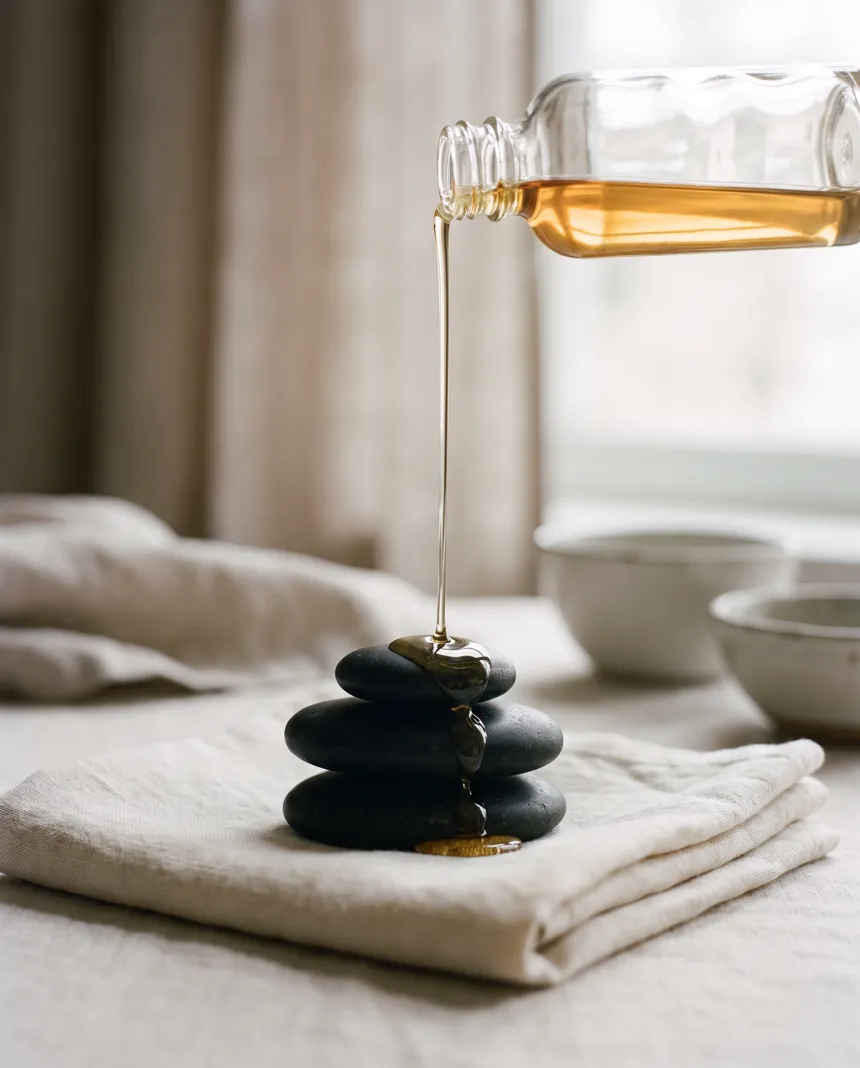 Warm oil poured over massage stones